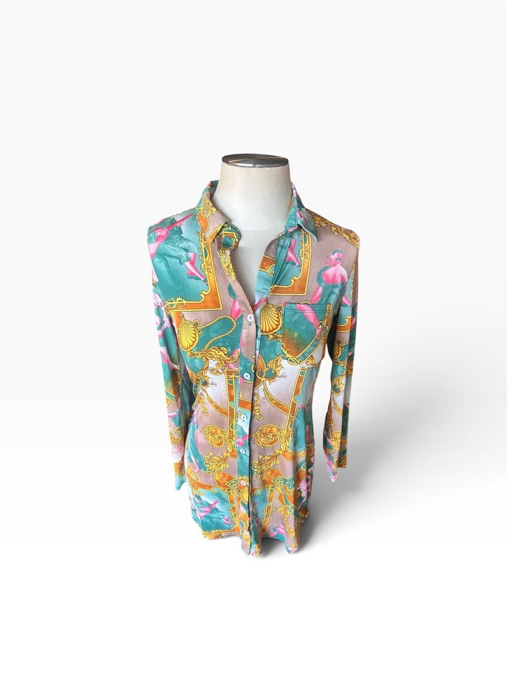Timing Teal Pink and Gold Baroque Print Button-Down Shirt